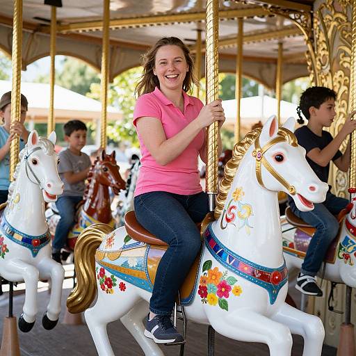 Photograph of a smiling woman in a pink polo and blue jeans riding a colorful, ornate carousel horse amidst other riders.