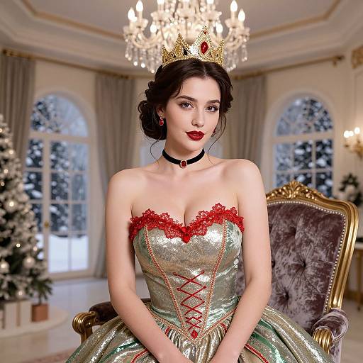 Photorealistic digital painting of a fair-skinned woman with dark hair, red lips, wearing a gold crown, green and red lace corset dress