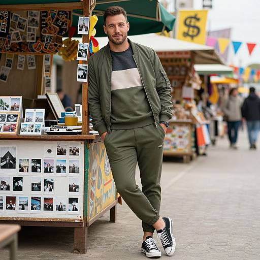 Photograph of a smiling, bearded man in olive green tracksuit with white stripe, black and white sneakers, leaning against a photo booth stall in