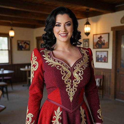 Photograph of a smiling woman with dark curly hair, wearing a red, gold-embroidered, V-neck dress, standing in a wooden-pane