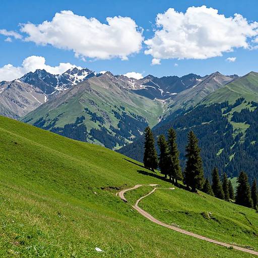 Photograph of a vibrant green mountain meadow with a winding dirt path, towering snow-capped peaks, dense evergreen forest, and a bright blue
