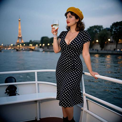 Photograph of a woman with red lipstick, black polka dot dress, yellow hat, holding a glass of wine, standing on a boat, with