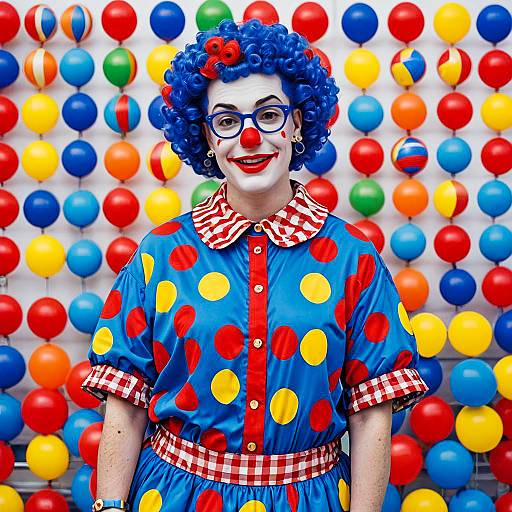 Person in Colorful Clown Costume with Blue Wig
