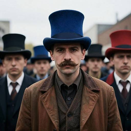 Urban Gathering of Mustached Men in Hats