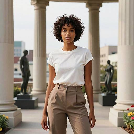 Photograph of a confident Black woman with curly hair, wearing a white t-shirt and beige high-waisted pants, standing in front of classical columns