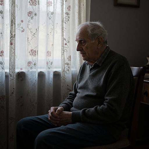 Photograph of an elderly white man with white hair, wearing a gray sweater and dark pants, sitting in dimly lit room with floral curtains allowing soft