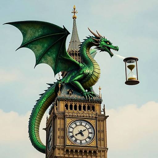 Photograph of a green dragon with black wings sitting on the top of Big Ben clock tower, holding a hanging hourglass. Blue sky background. Fantasy