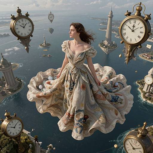 Digital illustration: Elegant brunette woman in ornate, patterned gown floats above floating clock towers over a futuristic, island-filled ocean.