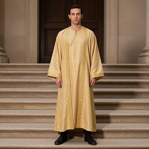 Photograph of a man with short dark hair, wearing a long, gold embroidered tunic, standing on stone steps in front of a dark wooden door