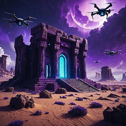 Futuristic Ancient Ruin with Bio-Luminescent Drones