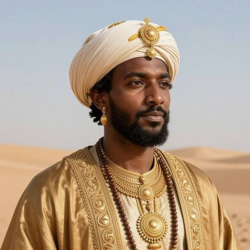 Photograph of a dark-skinned African man with a black beard, wearing a white turban, gold embroidered robe, and ornate jewelry, standing