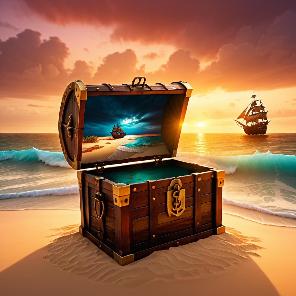 Treasure Chest on Deserted Island at Sunset