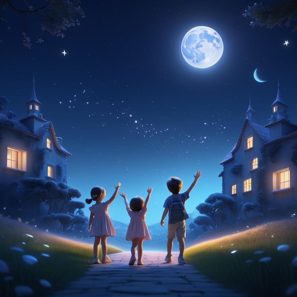 Whimsical Children Under Moonlit Sky