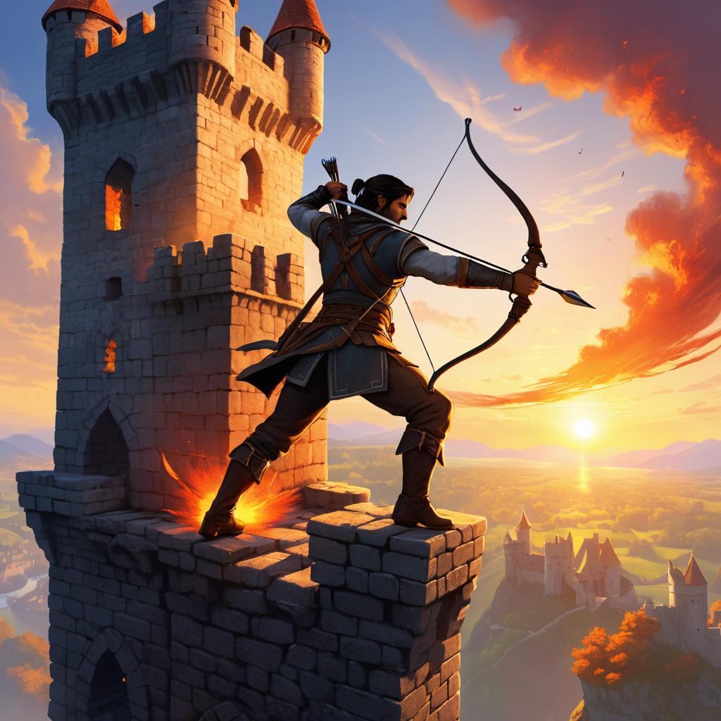 Archer Scaling Castle at Fiery Sunrise