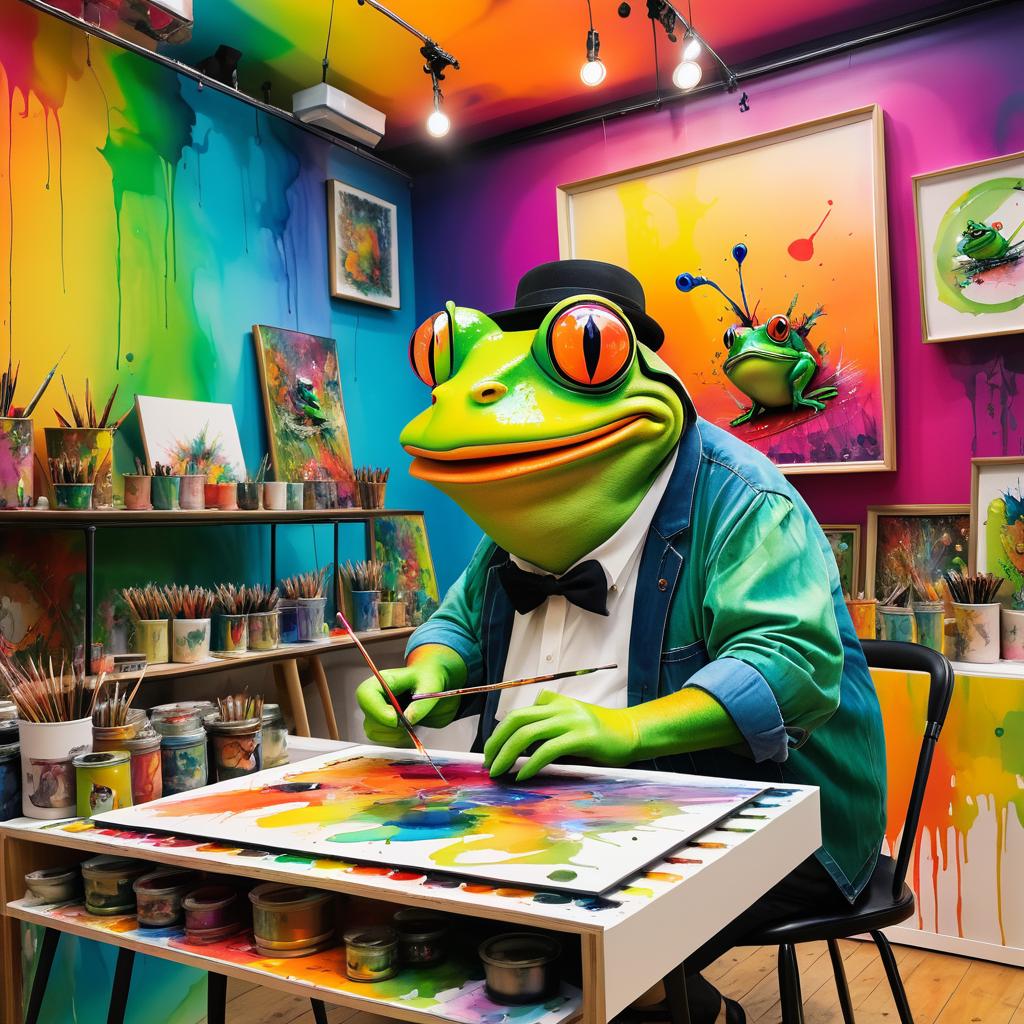 Frog Painter in a Whimsical Art Studio