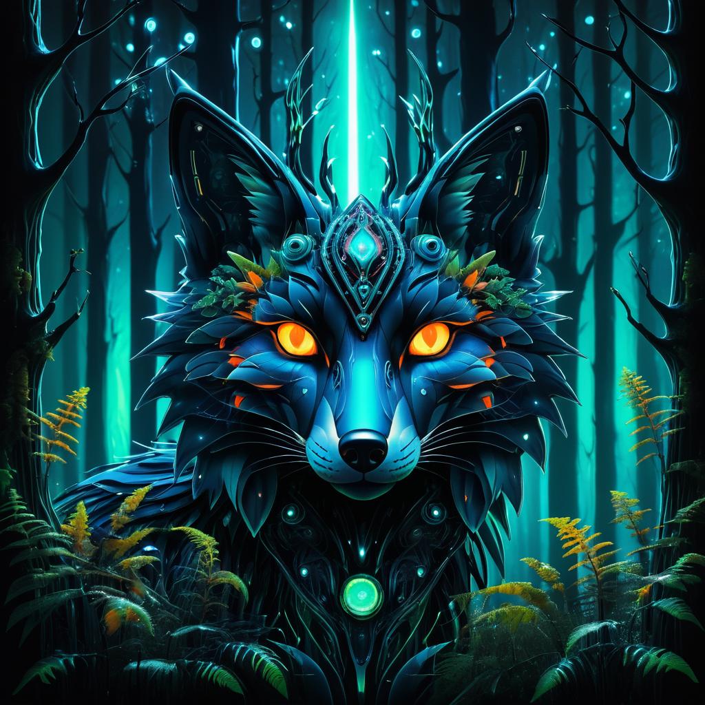 Surreal Cybernetic Fox in Bioluminescent Forest