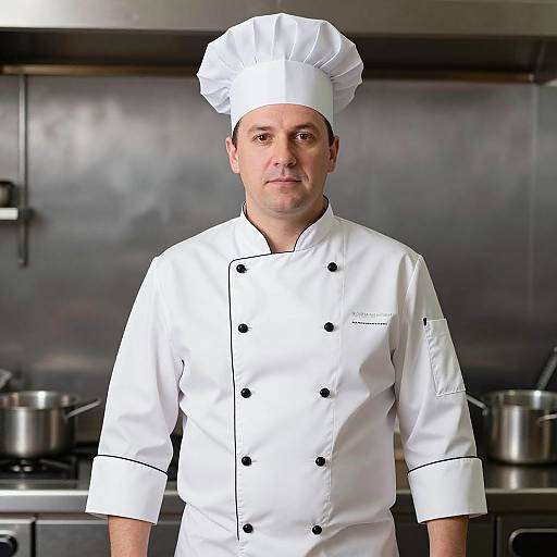 Photograph of a middle-aged male chef with light skin, wearing a white double-breasted chef coat and tall white chef hat, standing in a modern