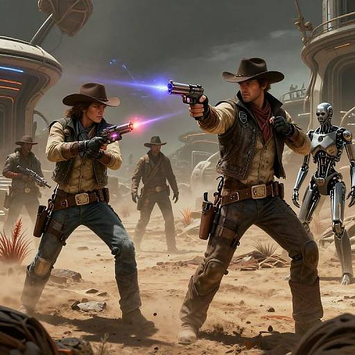 Digital artwork of two cowboys in a dusty, post-apocalyptic desert showdown, dual-wielding blasters with blue and red beams, surrounded by futuristic