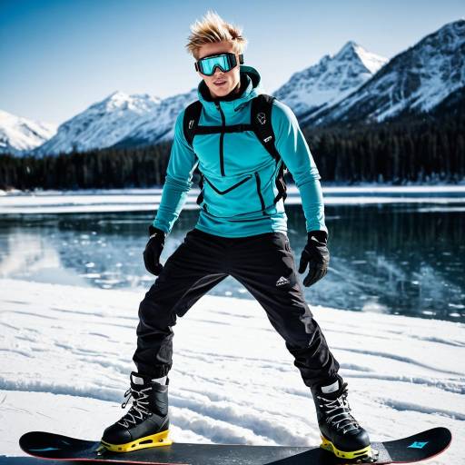 Young Man Snowboarding on Frozen Mountain Lake