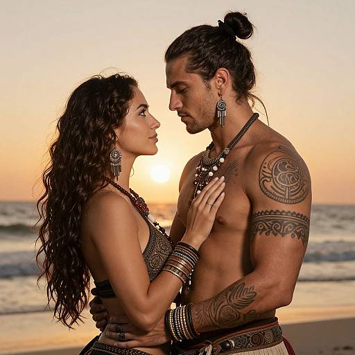 Photograph of a muscular, tattooed man with long hair, and a beautiful woman with long curly hair, both in tribal attire, gazing at
