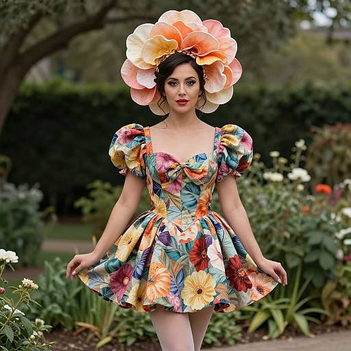 Photograph of a woman in a colorful floral dress and oversized flower hat, standing in a lush garden, with vibrant flowers in the background.