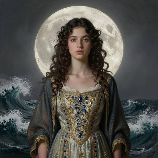 Elegant Young Woman with Full Moon and Ocean Waves
