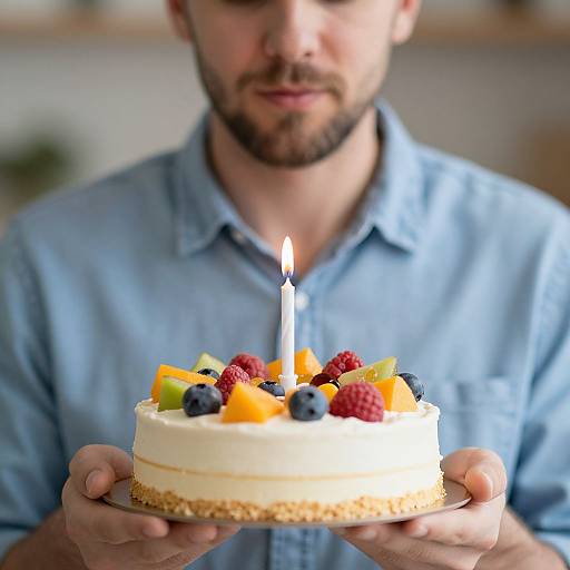 Photograph of a bearded man in a blue shirt holding a brightly decorated birthday cake with a lit candle, topped with fruit and blueberries, against