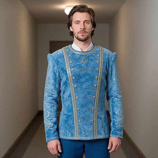 Photograph of a bearded man with brown hair, wearing a blue, embroidered, Renaissance-style jacket and blue pants, standing in a dimly lit