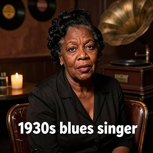 Photograph of an older Black woman with short curly hair, wearing a black blazer, sitting in a dimly lit room with a vintage horn and