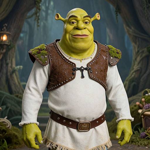 Digitally-rendered image of a green-skinned, bald, elf-like creature with antennae, wearing a white tunic, brown leather vest,