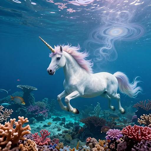 Digital illustration of a white unicorn with a glowing horn swimming underwater, surrounded by colorful coral reefs and marine life.