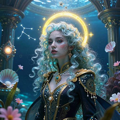 Digital fantasy artwork of a celestial, fair-skinned woman with curly white hair, gold halo, black and gold ornate dress, surrounded by glowing flowers
