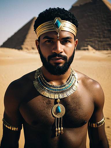 Dark-Skinned Man in Egyptian Style Jewelry by Pyramids
