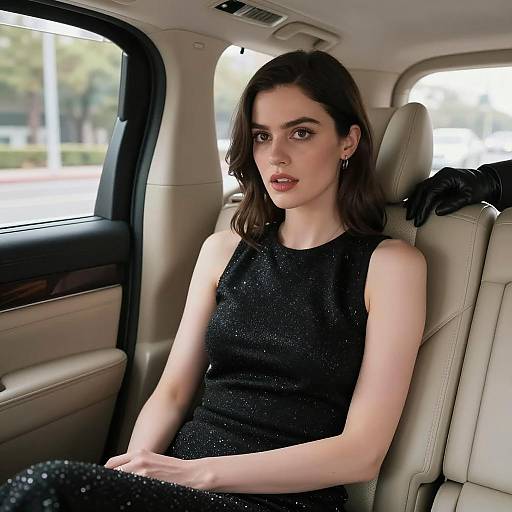 Elegant Woman in Sparkly Dress in Car