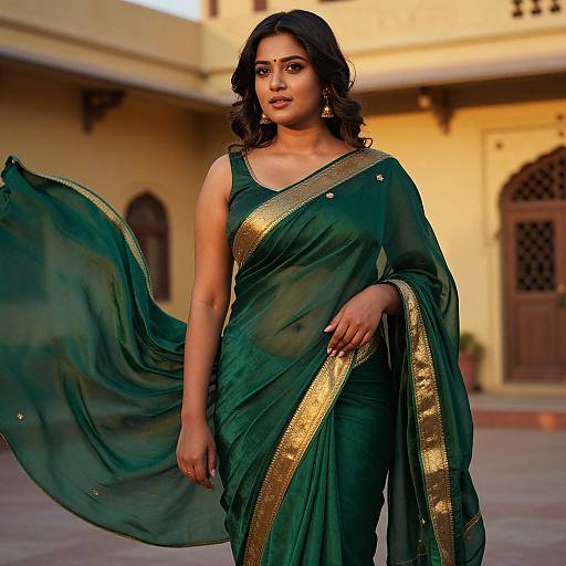 Photograph of a confident Indian woman in a green saree with gold borders, standing in a sunlit courtyard, with a yellow building in the background
