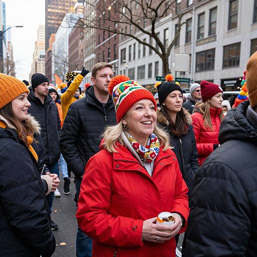 Photograph of a cheerful, blonde woman in a red coat and colorful knit hat, standing in a crowded urban street parade.