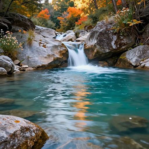Photograph of a serene, turquoise waterfall cascading over rocky terrain, surrounded by vibrant autumn leaves and lush greenery.