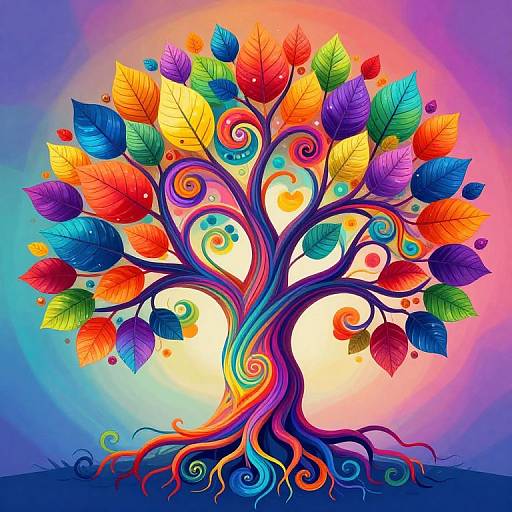 Vibrant, psychedelic tree illustration with colorful, swirling leaves and roots, set against a glowing, gradient background of blue, purple, and orange.