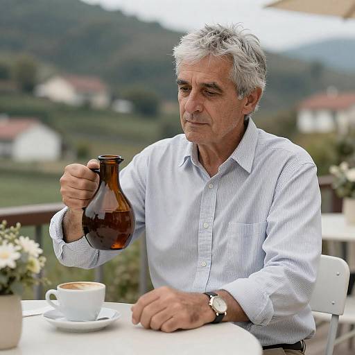 Middle-aged Man Holding Brown Glass Jug Outdoors