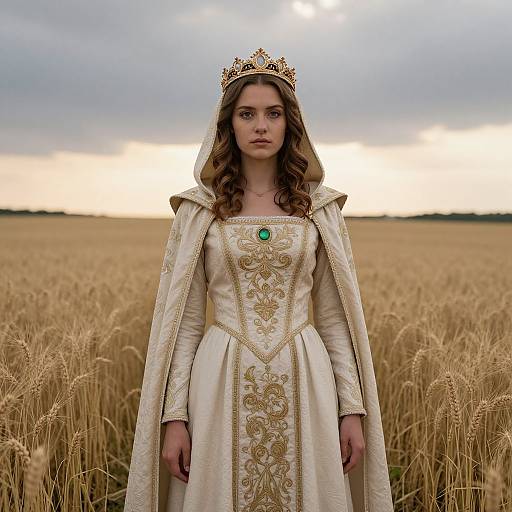 Photograph of a young woman with long brown hair, wearing a white ornate dress, gold crown, and green brooch, standing in a golden
