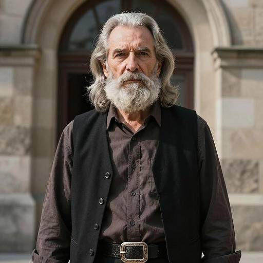 Photograph of an older man with gray hair and beard, wearing a black shirt and belt, standing in front of a stone archway.