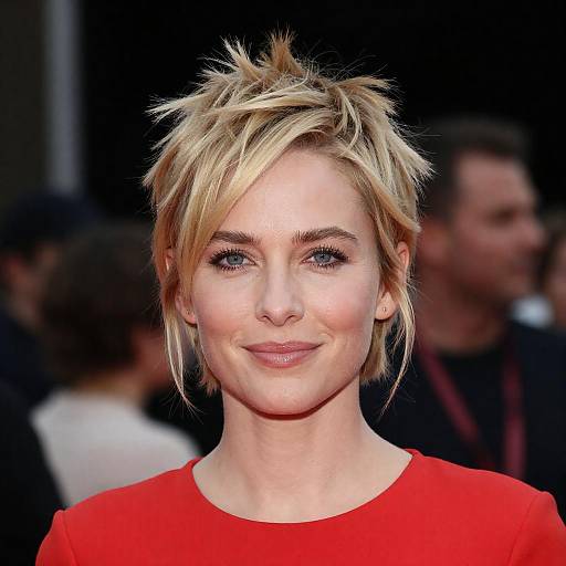 Blonde Woman with Short Tousled Hair in Red Top