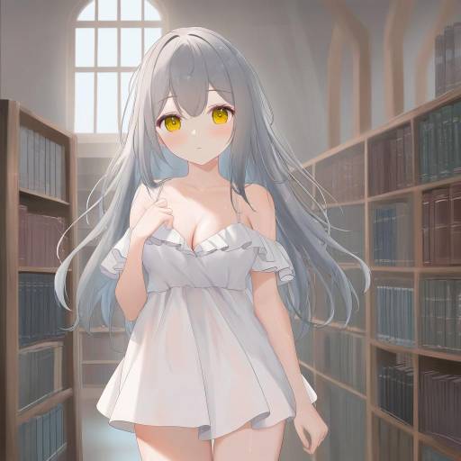 Thoughtful Girl in Library with Grey Hair