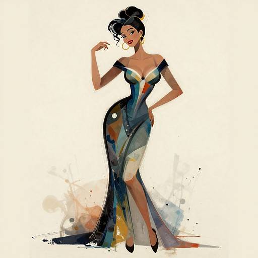 Digital illustration of a confident, dark-haired woman in a form-fitting, off-shoulder, multicolored dress with a high slit, posing