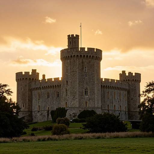 Photograph of a medieval stone castle with cylindrical towers and crenellations, silhouetted against a golden sunset sky and surrounded by lush green