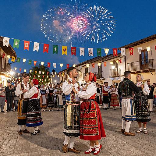 Photograph of traditional folk dancers in colorful, embroidered costumes performing at night, with vibrant fireworks and multicolored flags in the background.