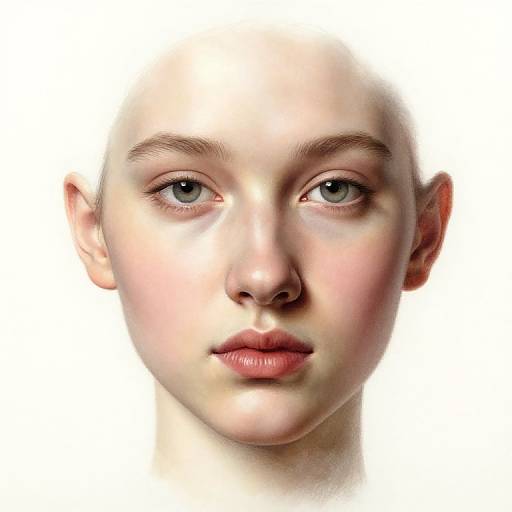 Digital portrait of a young, bald, fair-skinned woman with blue eyes and pink lips, looking directly at the viewer against a white background.