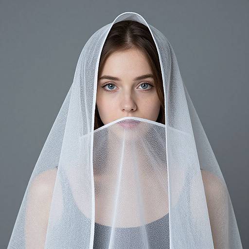 Photograph of a young woman with blue eyes, fair skin, and brown hair, partially covered by a sheer white veil, against a gray background.