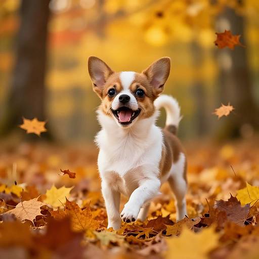 Photograph of a happy, white and brown small dog with large ears, running through an autumn forest, surrounded by vibrant orange and yellow leaves.