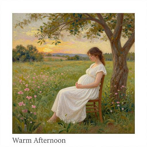 A pregnant woman in a white dress sits under a tree in a vibrant meadow at sunset, surrounded by pink flowers. 